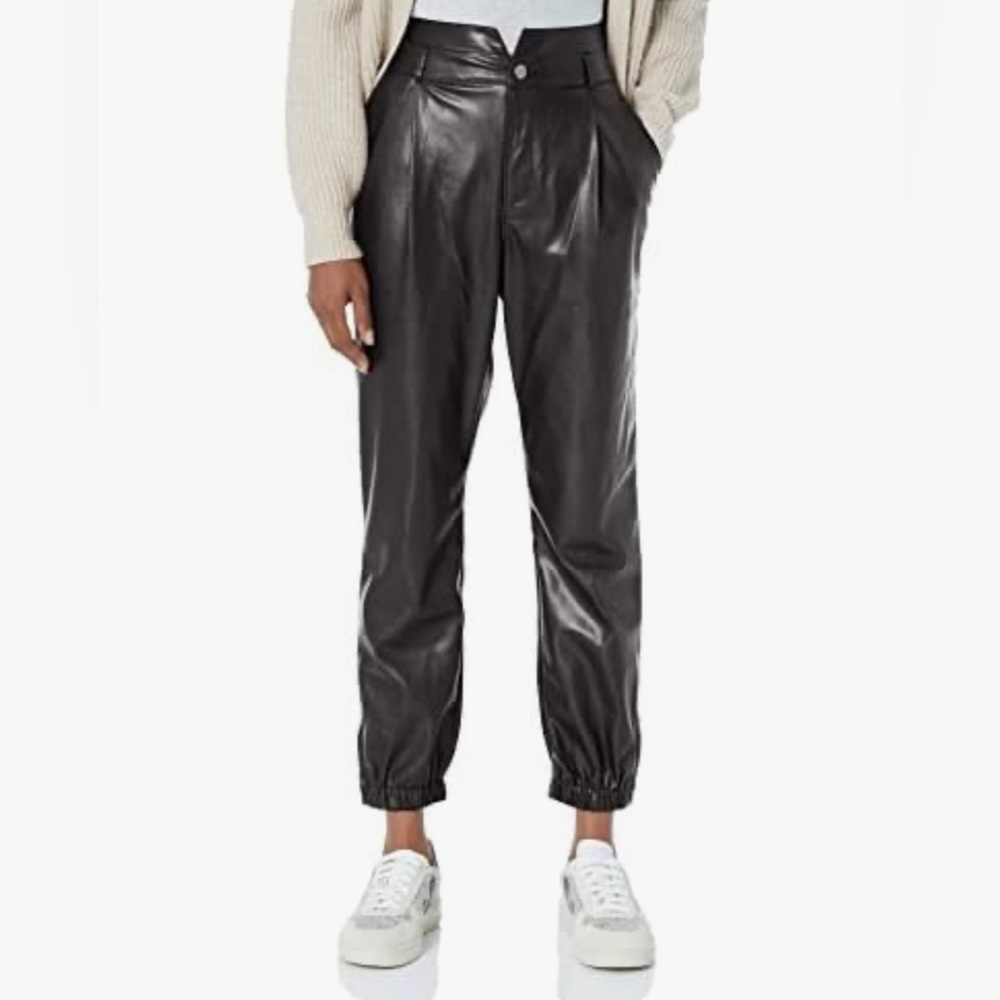 PAIGE Women's Faux Vegan Leather High Rise Pleated Mayslie Jogger in Black.